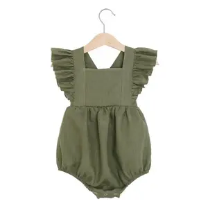 Baby clothes backless Cute Little Girl Jumpsuit Button Solid Color Ruffle Newborn Sleeveless Cross Back Romper