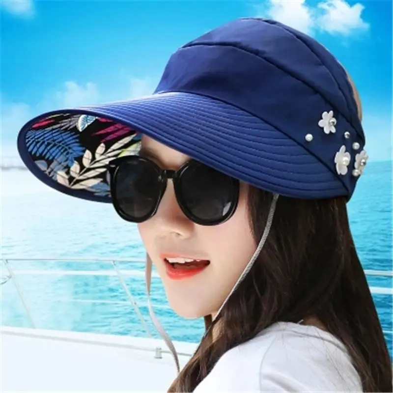 Cappello estivo da sole cappello con visiera parasole impacchettabile con perle con teste grandi cappello da spiaggia a tesa larga cappuccio di protezione UV R0973