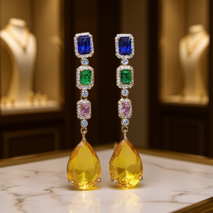 Orecchini Pendenti Placcati Oro E2294 con Citrino a Goccia, Montatura a Castone, Gioielli di Lusso da Donna per Feste con Cristalli - Product Image 2