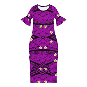 New arrival Polynesian tribal Dresses Women Fashion elegant Flare Sleeve dress purple Plus Size Peplum Midi Bodycon Dress