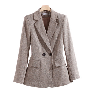 Women's Wool Blazer Khaki Solid Color Pocket Design Autumn Winter Casual Fit - Product Image 5