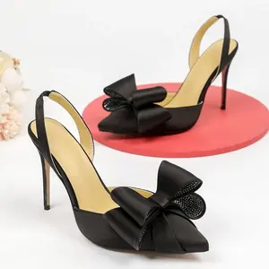 Women's Fashion Pointed Rhinestone Bow Thin High Heels Shoes Elegant Pumps Shoes for Party Wedding
