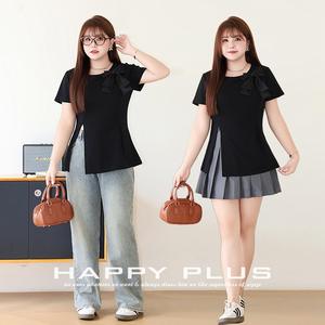 Camiseta Negra con Lazo para Mujer Talla Grande Runqi, Manga Corta, Tejida, Color Sólido, con Etiqueta N8961 - Product Image 4