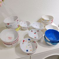 Mangkuk Keramik 5 Inci Warna Underglaze Lukisan Tangan Motif Pita Cinta Lucu, Mangkuk Nasi & Buah, Aman untuk Microwave