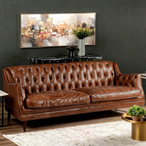 Sofá Chesterfield Tapizado, Sofá Chesterfield de Cuero Rústico Color Bronceado, Sofá Chesterfield de Cuero Genuino con Botones, Conjunto de Sofás Chesterfield para Vestíbulo de Hotel - Product Image 3