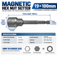 FEIDA Embout de vissage hexagonal magnétique long et robuste de 100 mm, 6-19 mm, tige hexagonale de 1/4, embout de vissage 40Cr pour perceuse à percussion