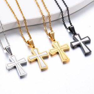 Ciondolo a Croce con Foglia in Acciaio Inossidabile per Uomo e Donna, Colore Argento e Oro, Gioielli Religiosi da Regalo - Product Image 1