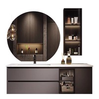 Conjunto de Muebles de Baño con Lavabo Integrado de Cerámica sin Juntas de Piedra Sinterizada, Mueble de Baño Inteligente de Madera Maciza