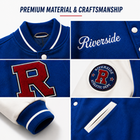 Veste de sport universitaire personnalisée pour hommes, fabrication OEM, étiquette privée, logo d'équipe brodé, patch bleu, veste de sport universitaire personnalisée