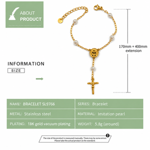 สร้อยข้อมือมุกเทียมรูปเหรียญกางเขน สแตนเลสสตีล ชุบทอง 18K แบบสุญญากาศ - Product Image 4