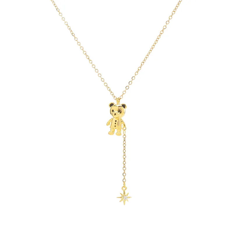 XL62256 Korean fashion cute stainless steel chain cartoon bear tassel pendant necklace for women gold plated jewelry