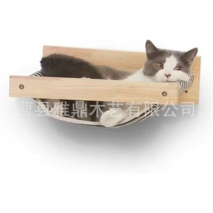 เปลแมวติดผนังไม้เนื้อแข็ง 40x35 ซม. ผ้าลายทาง ที่นอนสัตว์เลี้ยงสำหรับขอบหน้าต่าง ระเบียงอาบแดด - Product Image 3