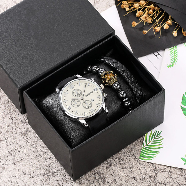 Men's Fashion 3-piece Black Quartz Watch Gift Set 2 Piece Leather Bracelet Antique Alloy Fashion Watch Set