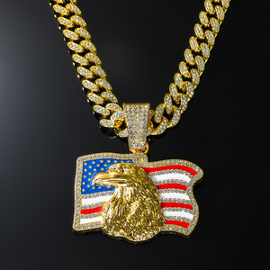 New Unique Design Gold Plated Flag Eagle <b>Head</b> Pendant Necklace Alloy Rhinestone Cool Hiphop <b>Style</b> Men's Necklace Wholesale - Product Image 2
