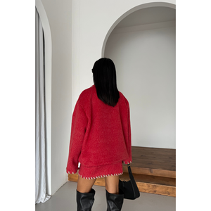 Conjunto de Chaqueta Corta de Lana Roja con Pespunte de Pastor y Falda Corta, Talla XL, Corte Holgado, Traje Formal de Dos Piezas, Nuevas Llegadas - Product Image 1