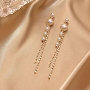 Long Pearl <b>Dangle</b> <b>Earrings</b> Full <b>Diamond</b> Simulated Pearl Tassel Drop <b>Earrings</b> Gold Plated Long Pearl <b>Earrings</b> for Women - Product Image 2