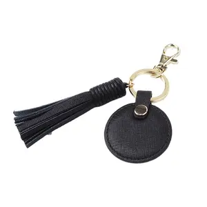 שחור Saffiano עור מעגל עגול צורת Keyring, אישית עלה זהב Keychain עם ציצית