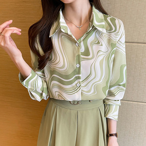 Chemise à manches longues pour femme de haute qualité, couleur verte fraîche, imprimé ondulé, élégante, chemise de bureau pour femme - Product Image 5