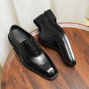 Men's Brown Genuine Leather Business Formal Shoes <b>Pointed</b>-Toe Slip-On Closure Anti-Slip Lightweight Breathable Rubber Outsole - Product Image 3