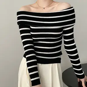 DC915 New 2024 Korean Chic Striped slash neck Waist Knit Sweater Tops Women's Clothing Wholesale 3