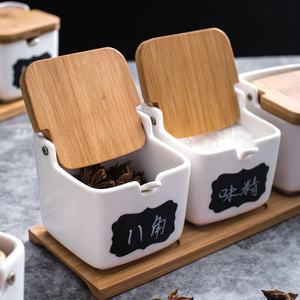 Ceramic Kitchen Seasoning Pot with Wooden Lid Condiment Storage for Salt Pepper Spice Sugar Jar - Product Image 3