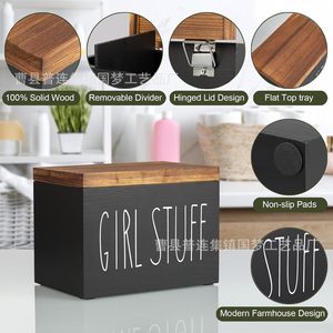 Caja de almacenamiento de madera para baño, de madera maciza con tapa, divisor para tampones y artículos de aseo. - Product Image 5