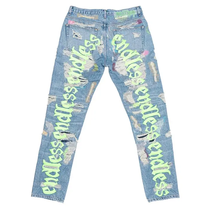 High Street Stickerei Pantalones Vaqueros Löcher Retro Jeans Herren Straight Denim Hose