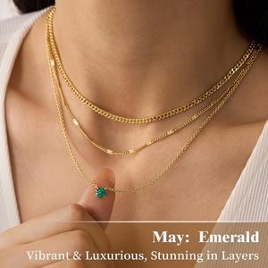 Collares de oro en capas para mujer, chapados en oro de 14 quilates, conjunto de colgantes delicados con piedra de circonita verde, collar de cadena gruesa, regalo. - Product Image 3