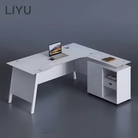Bureau de direction contemporain professionnel Liyu en verre avec armoire latérale, grande surface, plateau supérieur en métal blanc
