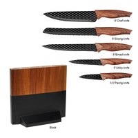 Ensemble de couteaux 6 pièces à faible MOQ avec lame à motif diamant |   Poignée en bois, complète avec bloc en bois