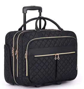 绗缝女性旅行行李过夜携带商务手推车公文包滚动笔记本电脑包17.3英寸电脑