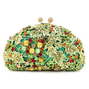 2024 High Quality Green Hollow Flowers Clutch Bag Formal Dinner Wedding Bridal Crystal Handbag Shoulder Bags Women Evening Purse