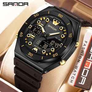 SANDA 6306 นาฬิกาข้อมือจอแสดงผลคู่ นาฬิกาอิเล็กทรอนิกส์อเนกประสงค์พร้อมฟังก์ชันปลุกแบบสองเข็มที่ซิงค์กัน - Product Image 1