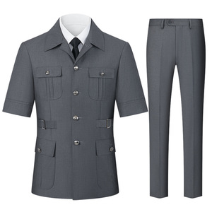 Completo da Uomo Grigio Multi-Tasca a Maniche Corte, 2 Pezzi, Vestibilità Slim, <span class=keywords><strong>Blazer</strong></span> Formale con Risvolto e Bottoni, con Pantaloni per Lavoro Quotidiano - Product Image 3