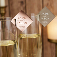 Breloques personnalisées en acrylique pour verres à vin, découpées au laser, effet miroir doré, étiquettes de boisson pour mariage, étiquettes nominatives personnalisées pour flûtes à champagne, vente en gros