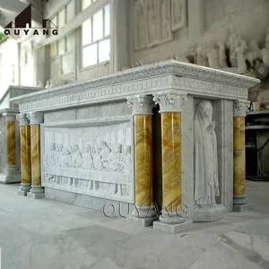 QUYANGカスタマイズされた西洋スタイルのカトリック教会用品天然石の祭壇手彫りの大理石の祭壇テーブル