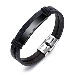 Pulseira De Couro Preto para Homens Placa De Nome De Aço Inoxidável Pulseira Ajustável Jóias De Moda - Product Image 5