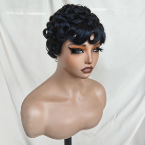 Peluca de Cabello Humano Remy Brasileño, Estilo Bob, Hecha a <span class=keywords><strong>Máquina</strong></span>, Corta y Rizada, Corte <span class=keywords><strong>Pixie</strong></span>, para Mujeres Negras, Color Negro Natural - Product Image 3