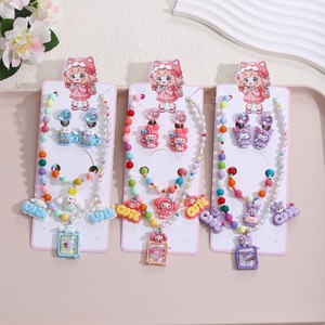 Ensemble de bijoux pour filles et enfants, collier, bracelet, bague, boucles d'oreilles, en plastique, avec des personnages de princesses de dessins animés, nouveau style - Product Image 2