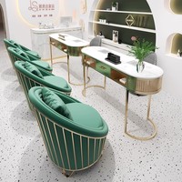 Table de manucure moderne avec cadre en métal doré de luxe, simple ou double, avec un ensemble de chaise et un collecteur de poussière