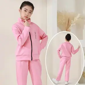 High quality dance training pink dance top and pants with zipper space cotton winter dance clothes for girls