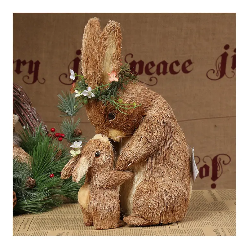 Estatuilla de conejito de Pascua, adorno de paja, juego de conejo para madre e hijo, decoración del hogar con corona, adornos decorativos para el hogar