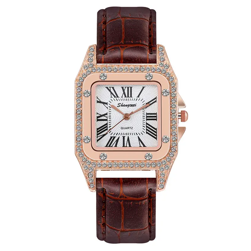 WJ-8836安い時計女性赤い花合金ケース新しいファッションクォーツレザーレディース繊細なクリスタル時計