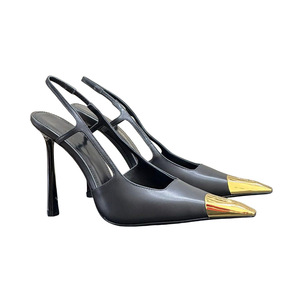 Nouveaux Talons Hauts Escarpins Stiletto Dorés Effet Socialite en Cuir Verni avec Bout Fermé, Bride Arrière Fine et Enfilage Facile pour Femme - Product Image 1