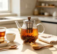 Théière classique à rayures verticales en verre borosilicate, infuseur en acier inoxydable, bouton en bois, résistante à la chaleur
