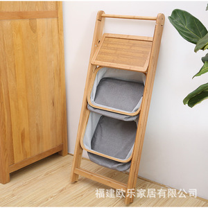 Creative bamboo bathroom storage rack, floor-standing <b>foldable</b> bamboo ring with cloth bag rack, towel and laundry <b>basket</b> - Product Image 2