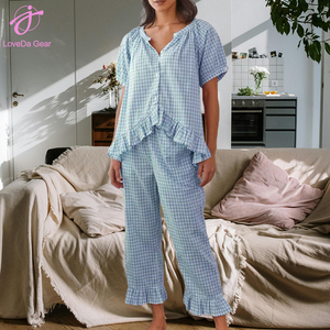 Loveda Wholesale New Arrival <strong>Women</strong> Summer <strong>Plaid</strong> Shirt and <strong>Trousers</strong> Suit Soft Casual Home Clothes - Product Image 6