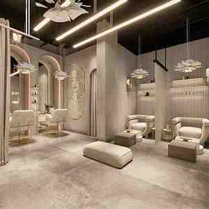 Intérieur <span class=keywords><strong>de</strong></span> <span class=keywords><strong>salon</strong></span> <span class=keywords><strong>de</strong></span> bien-être <span class=keywords><strong>de</strong></span> luxe, espace beauté moderne Wabi-Sabi avec comptoir incurvé, sièges en velours, éclairage d'ambiance, design clé en main - Product Image 5