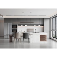 Meuble de cuisine modulaire autoportant moderne en bois, finition laquée mélaminée, étagères suspendues, charnières pour appartement