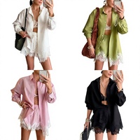 Ensemble décontracté d'été 2 pièces pour femme : chemise à manches longues et col à revers avec dentelle, et short assorti, couleur unie, style cardigan court